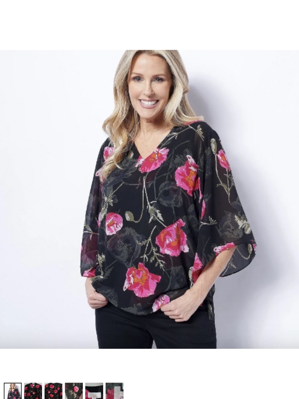 Kim Gravel  V-Neck Chiffon Blouse - Black with Pink Bloom